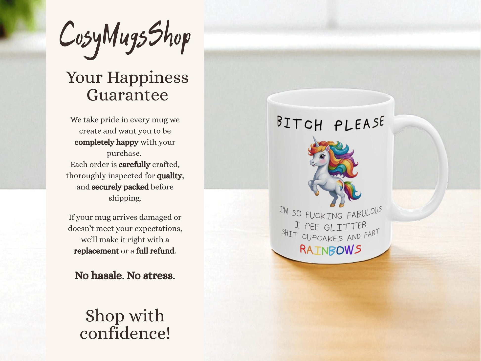 Mug with unicorn design and text on a table, branded 'Cosy Mugs Shop'.