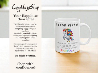 Mug with unicorn design and text on a table, branded 'Cosy Mugs Shop'.