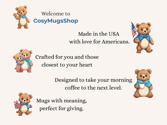 Cosy Mugs Shop advertisement with teddy bears and text on a white background