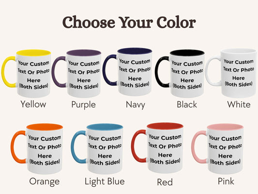 Set of customizable mugs in various colors with text placeholder.