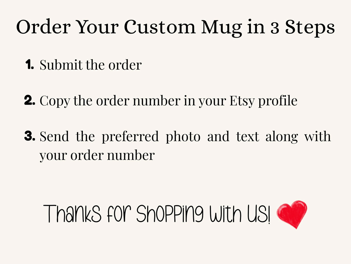 Instructions for ordering a custom mug with steps and a heart emoji on a white background