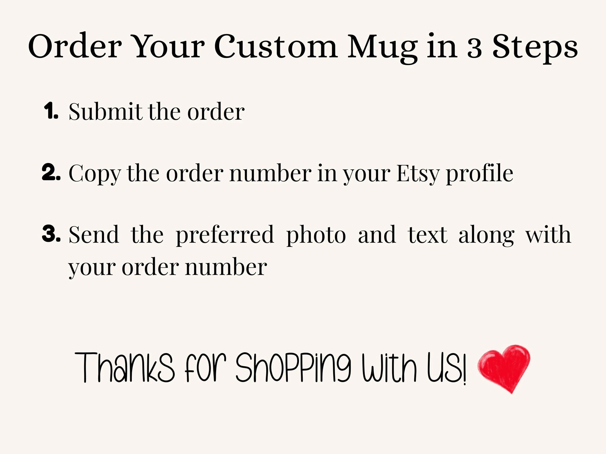 Instructions for ordering a custom mug with steps and a heart emoji on a white background