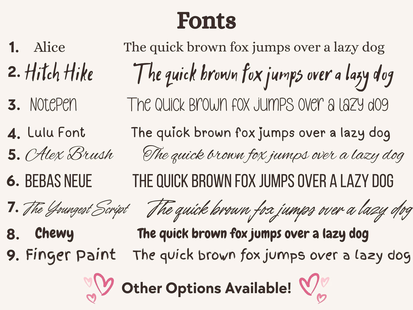 Comparison of different fonts with sample text 'The quick brown fox jumps over a lazy dog' on a white background.