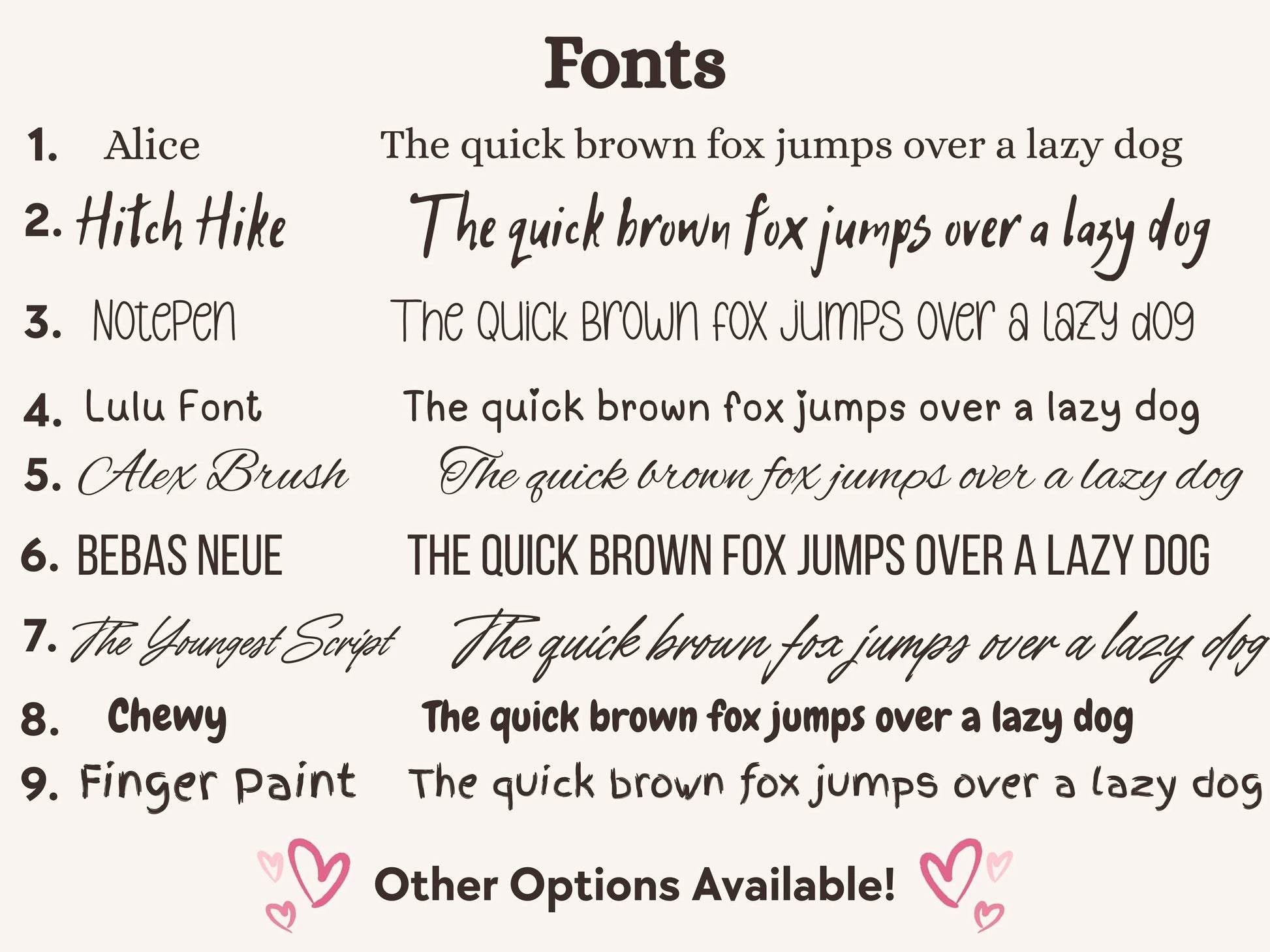 Comparison of different fonts with sample text 'The quick brown fox jumps over a lazy dog' on a white background.