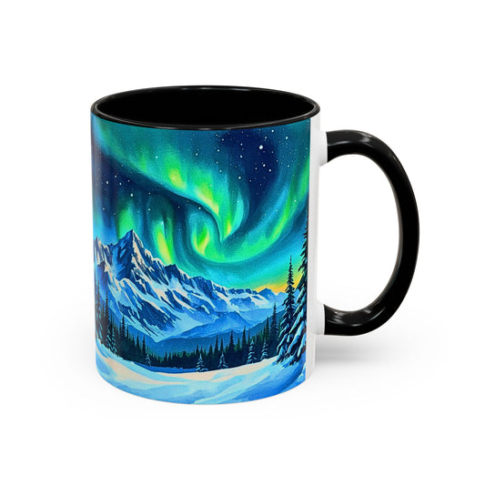 Mug with a design of the Northern Lights over mountains and trees on a white background