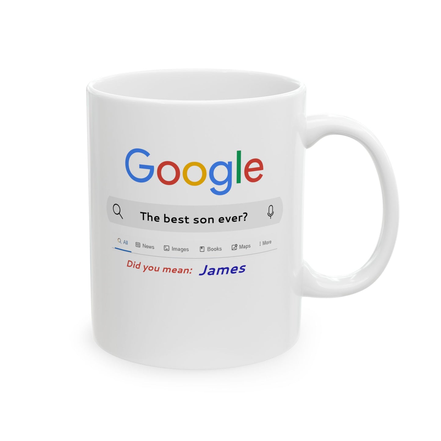 White mug with a design of a Google search page on a white background