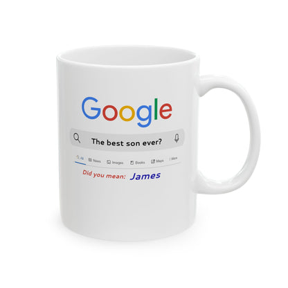 White mug with a design of a Google search page on a white background
