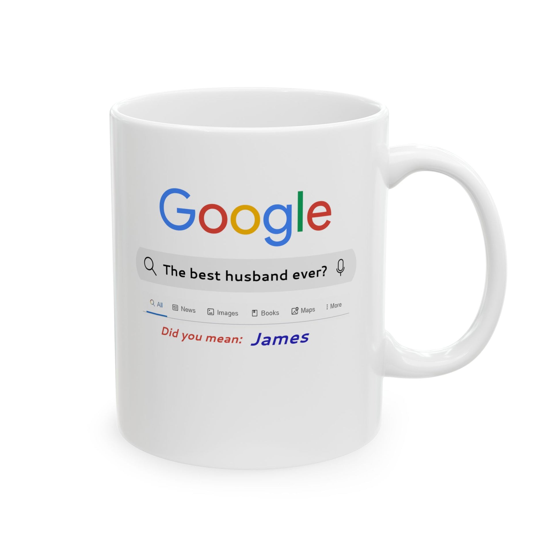 White mug with a Google search-themed design on a white background