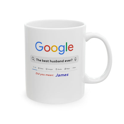 White mug with a Google search-themed design on a white background