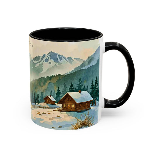Mug with a scenic design of a cabin in the mountains on a white background