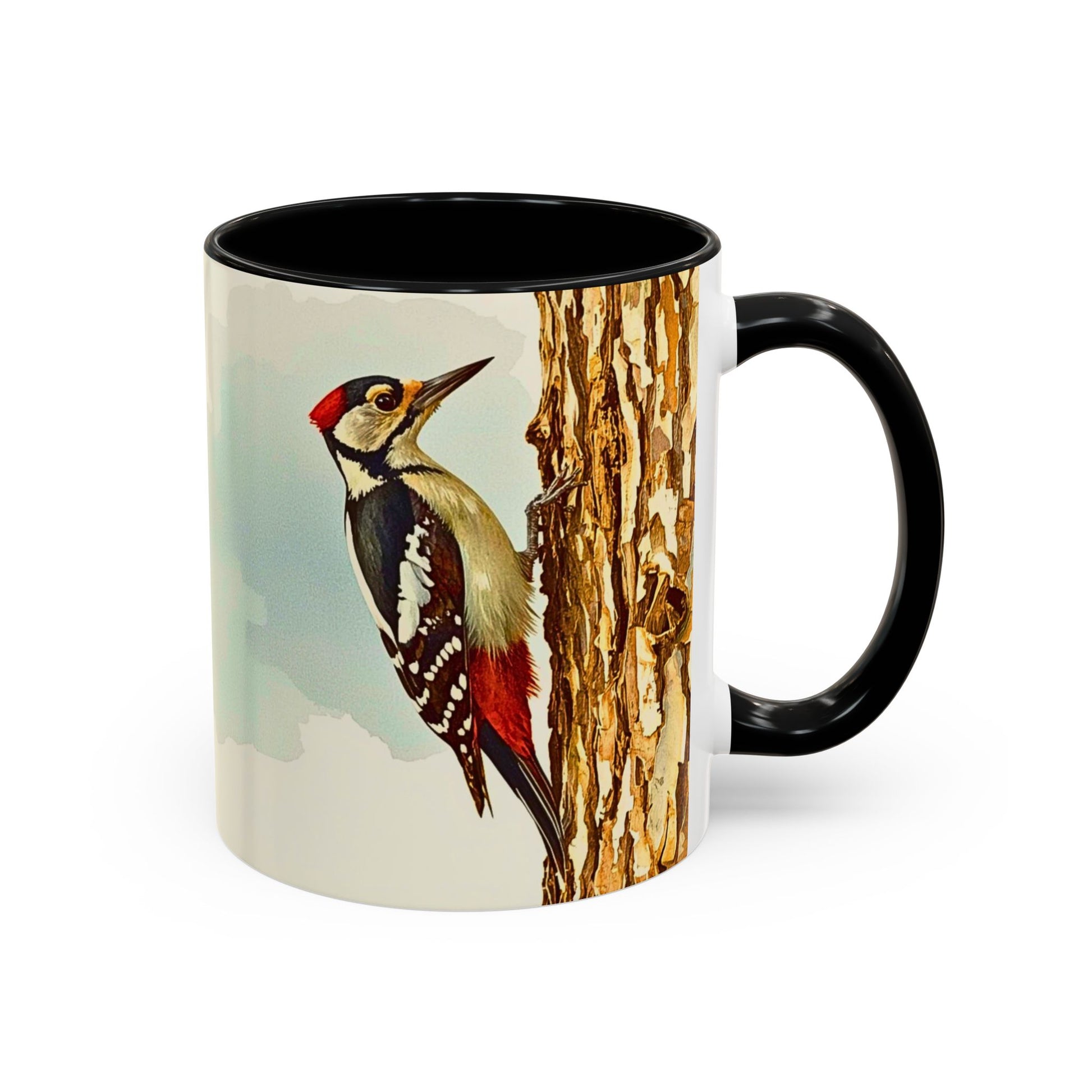 Mug with a woodpecker design on a white background