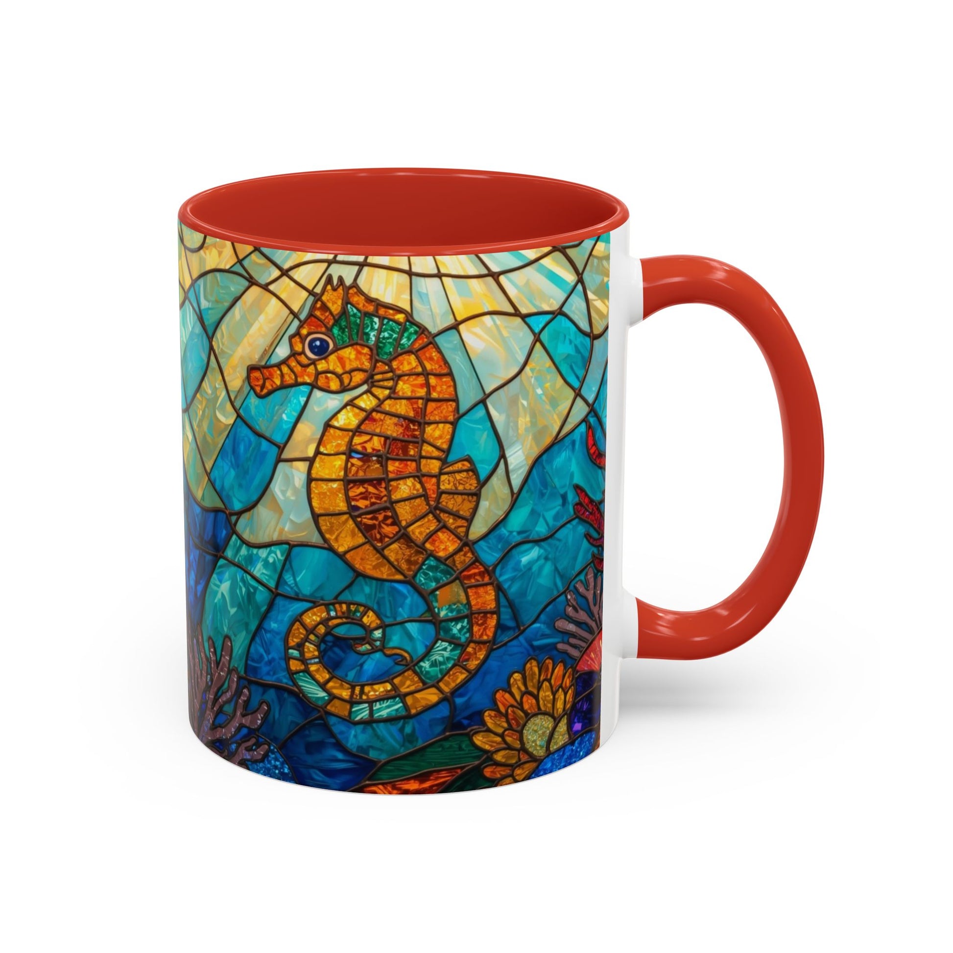 Mug with a colorful seahorse design on a white background