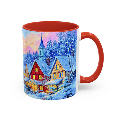 Mug with a winter village scene and red interior and handle on a white background