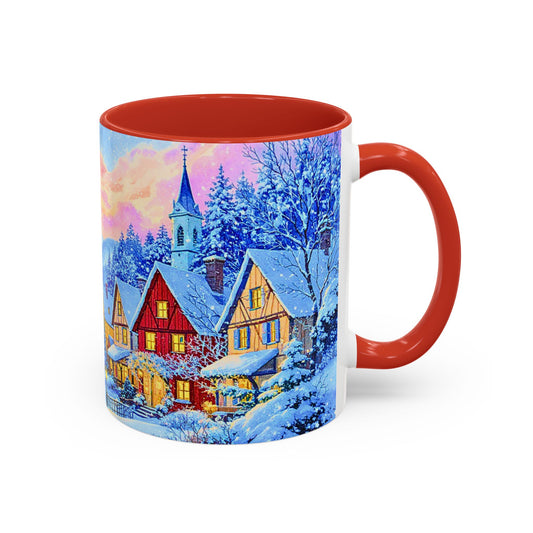 Mug with a winter village scene and red interior and handle on a white background