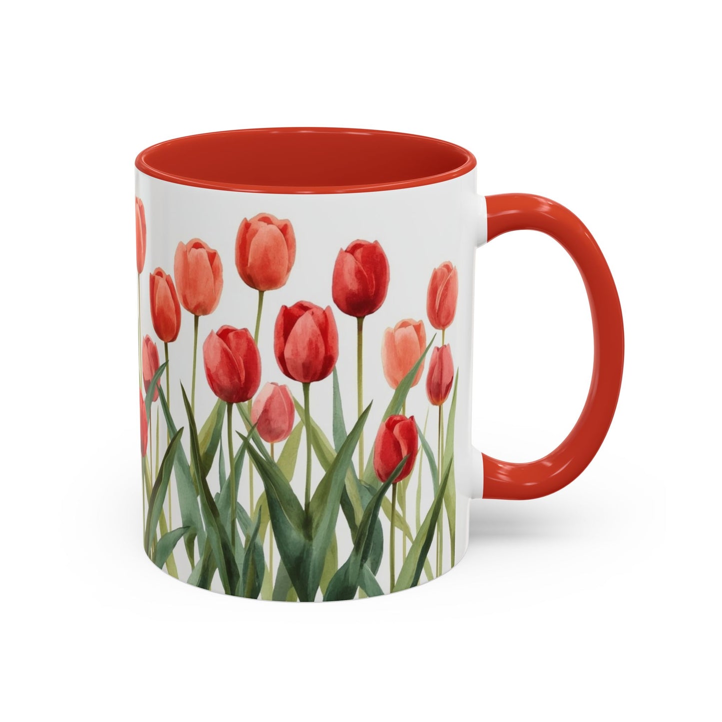 Mug with red tulip design on a white background