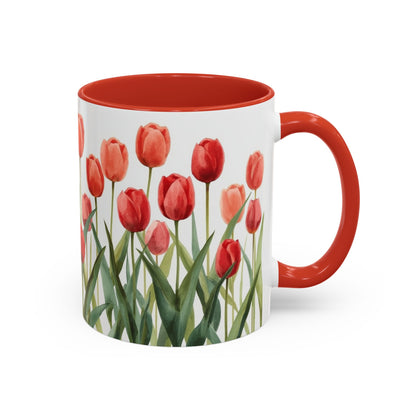 Mug with red tulip design on a white background