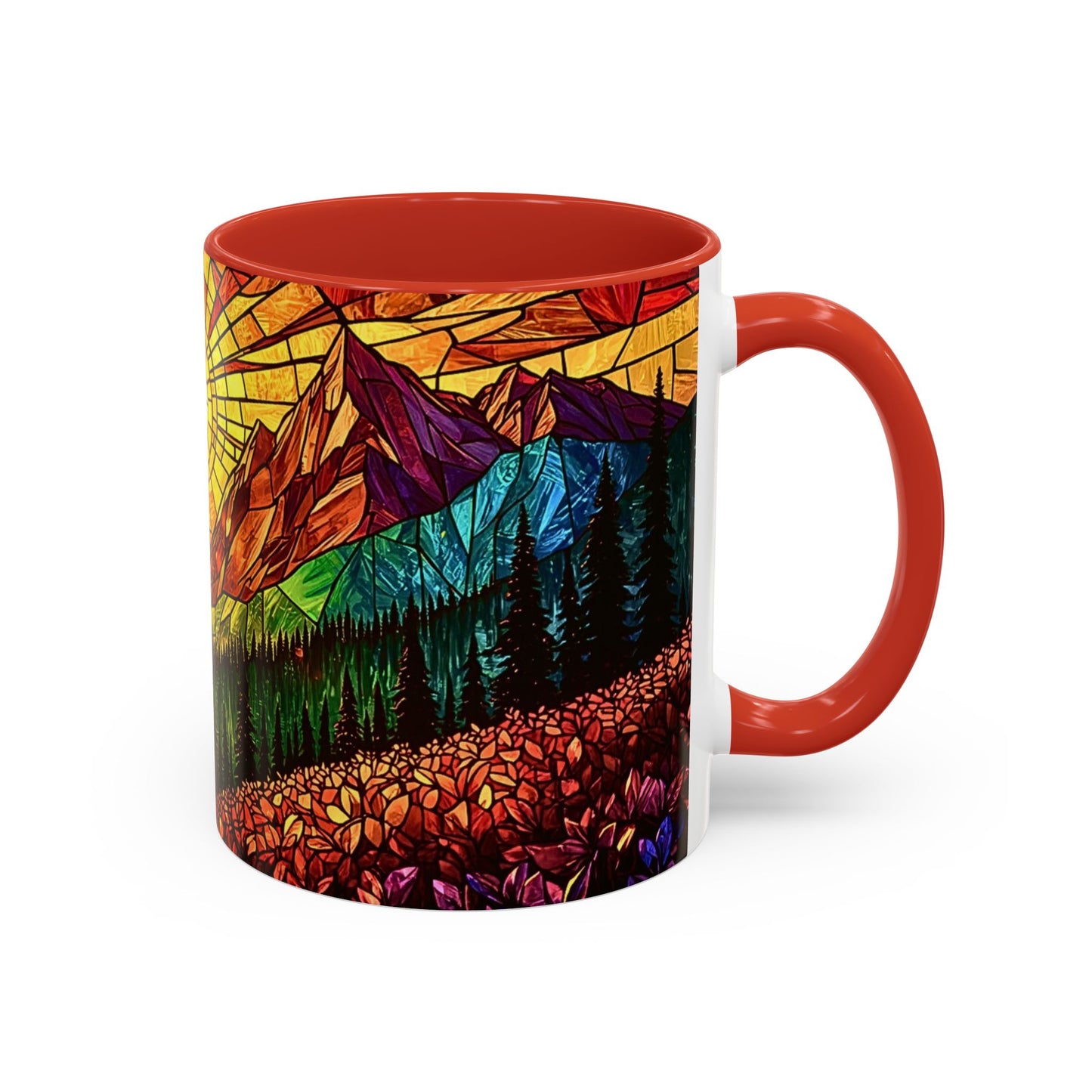 Mug with colorful mountain design and red handle on a white background