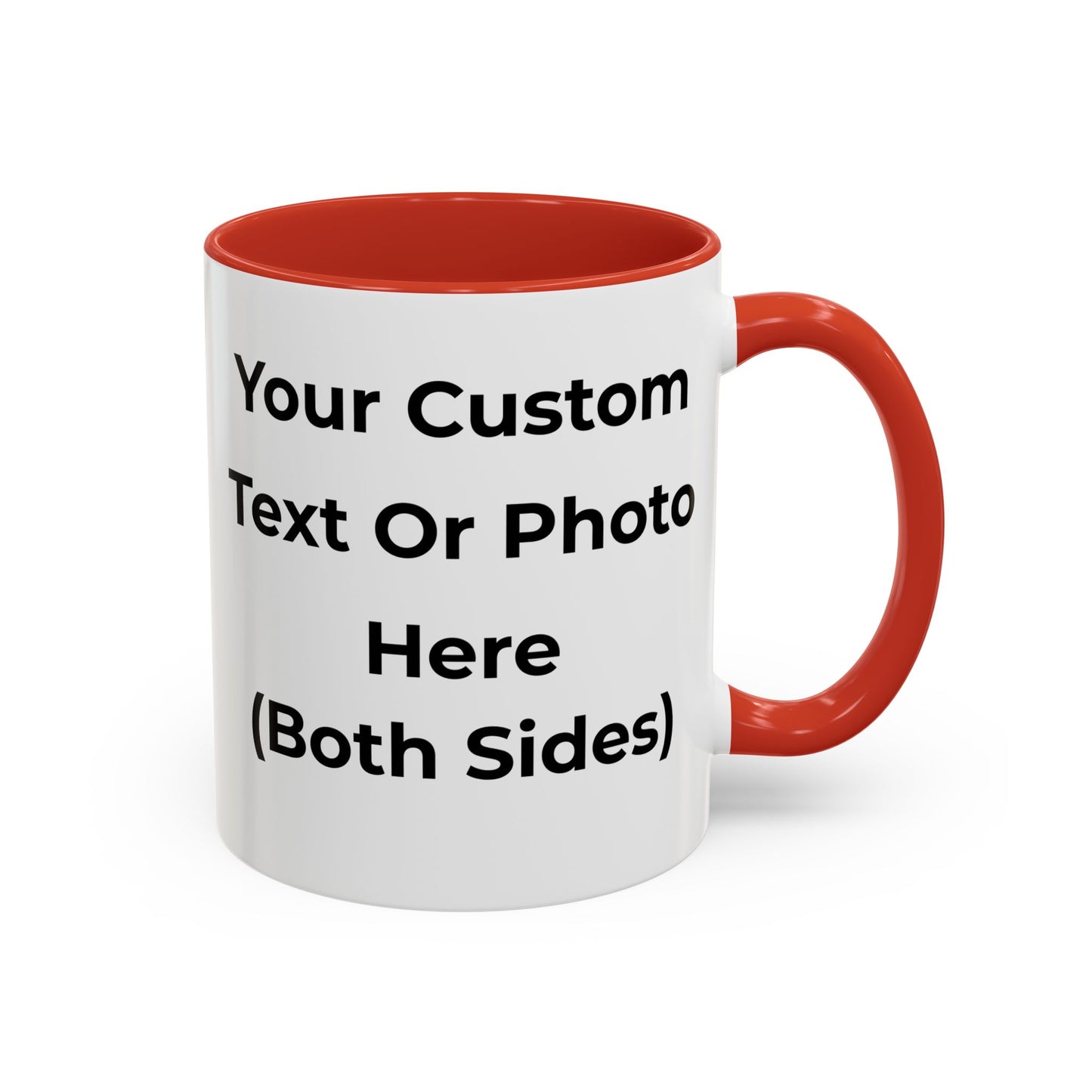 White mug with red interior and handle, customizable text or photo on a white background