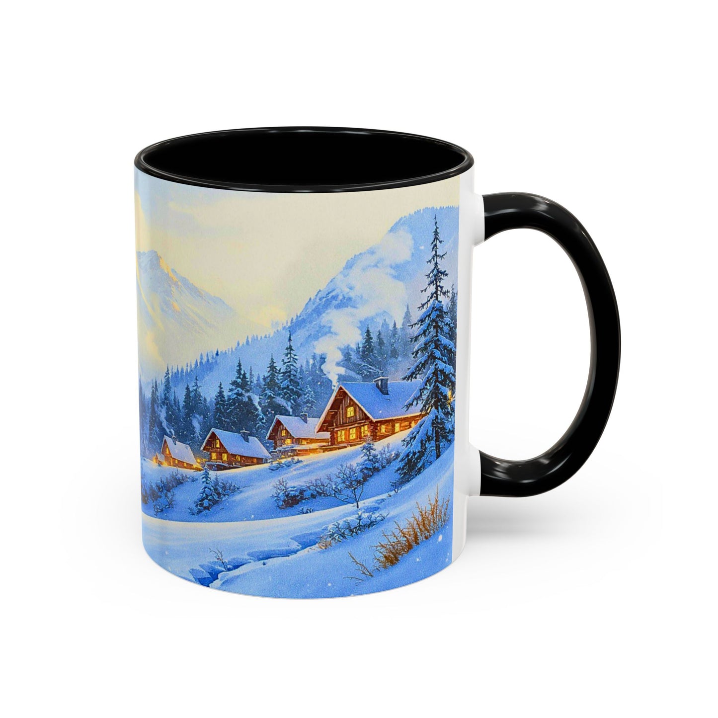 Mug with a winter scene of a cabin and mountains on a white background