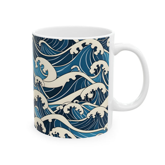 Seaside mug with wave pattern on a white background