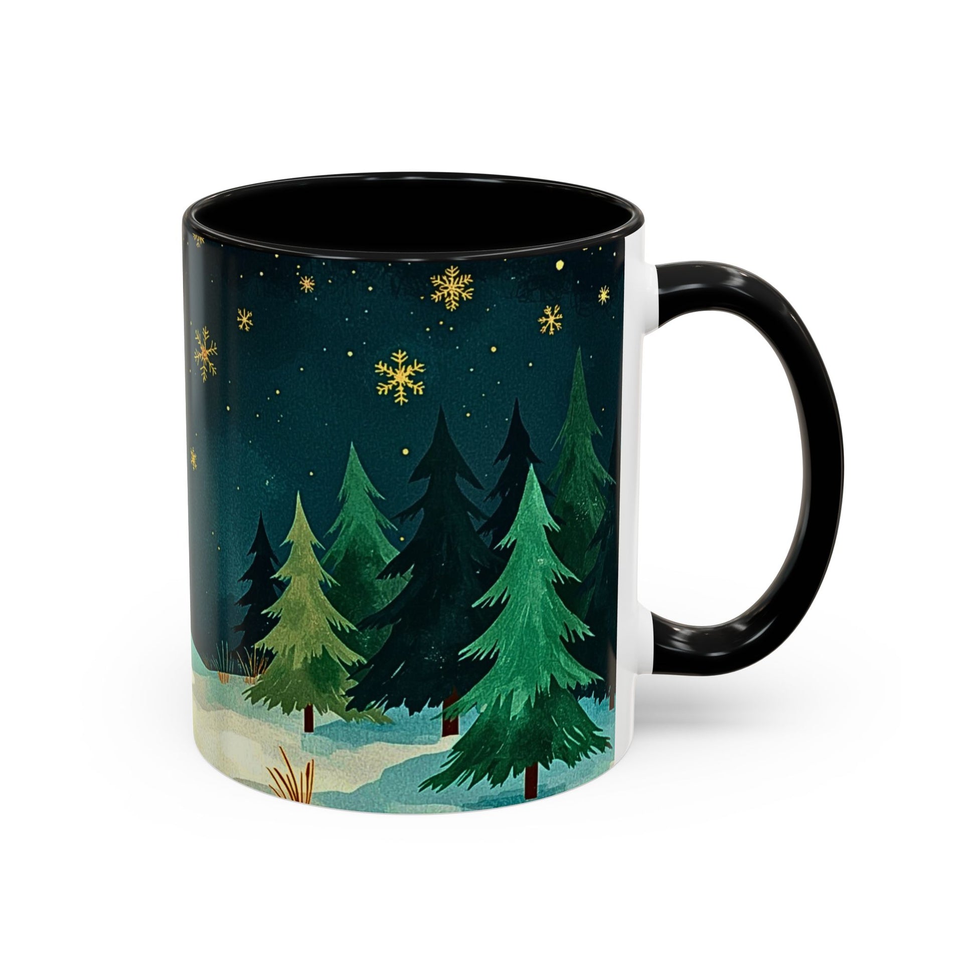 Mug with a winter scene of trees and snowflakes on a dark blue background