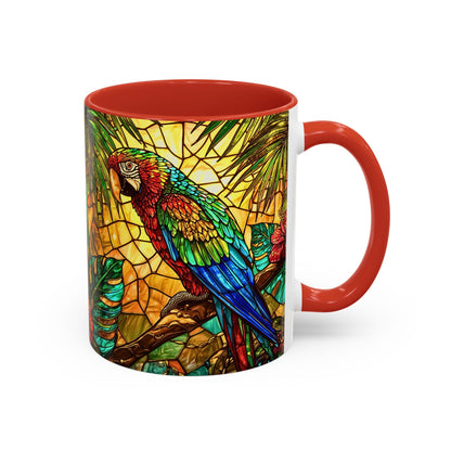 Mug with a colorful parrot design on a white background