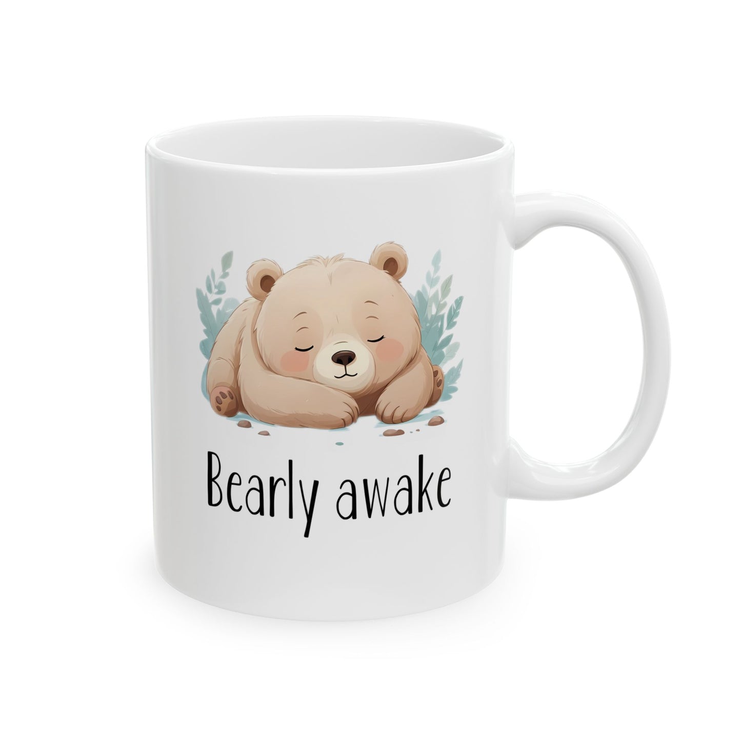 White mug with a bear illustration and 'Bearly awake' text on a white background