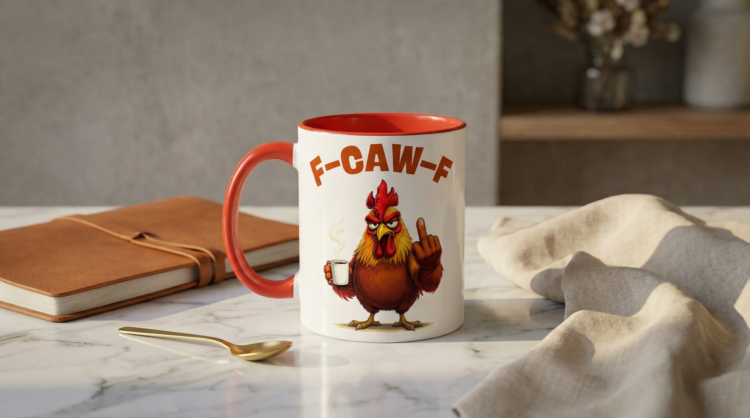 Mug with a rooster design and 'F-CAW-F' text on a marble surface with a notebook and spoon.